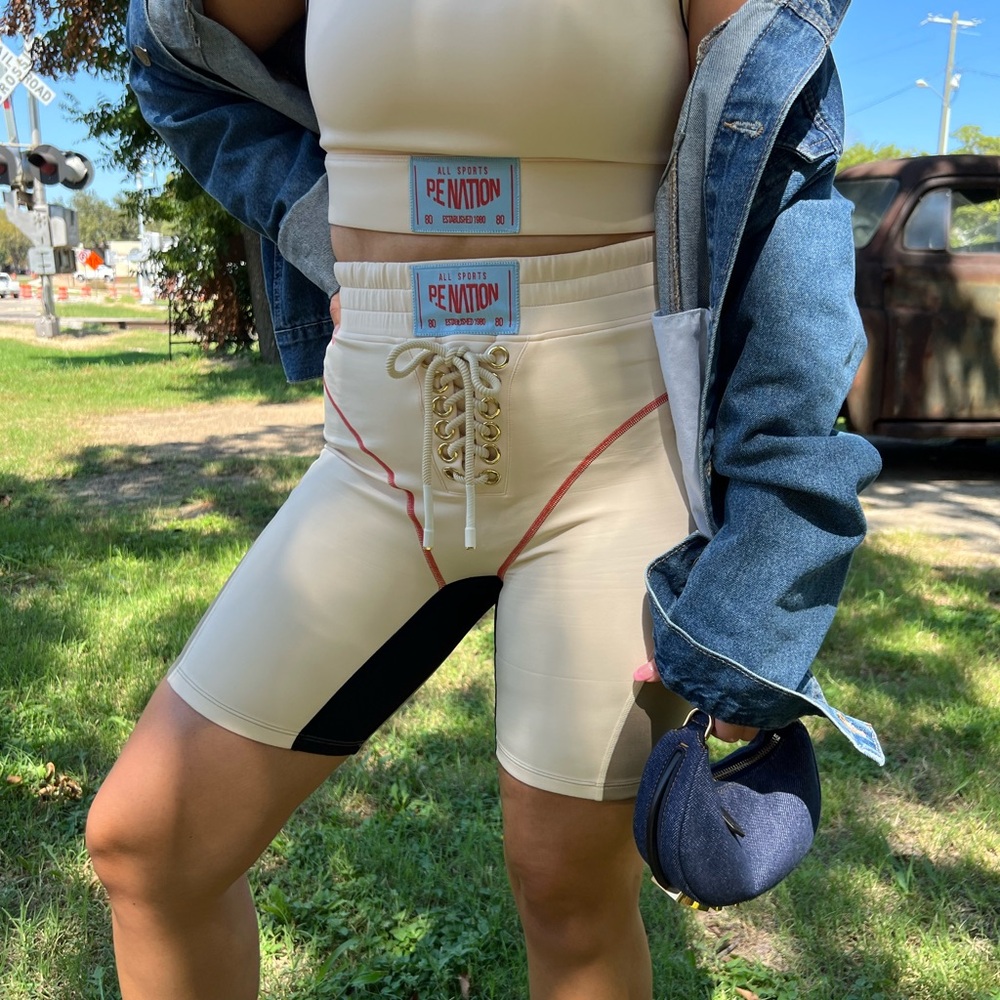 P.E Nation Cream Sports Bra and Shorts